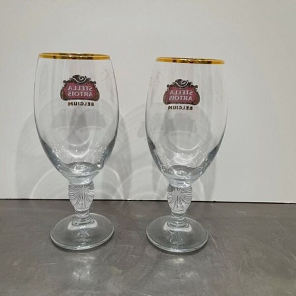 Stella Artois Original Belgium Gold Rimmed Beer Glass Chalice 33CL Set Of 2 - Picture 3 of 6